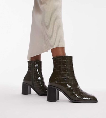 Wide Fit - Mae - Bottines à talon carré - Kaki - Topshop - Modalova