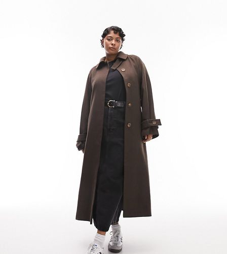 Curve - Trench-coat long en tissu brossé avec ceinture - Chocolat - Topshop - Modalova