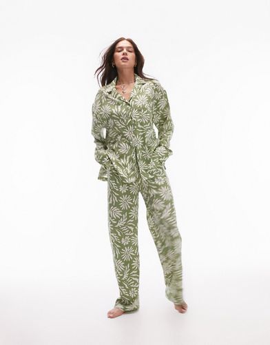 Ensemble pyjama effet color block avec pantalon et chemise à imprimé fleuri - Vert - Topshop - Modalova