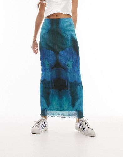 Jupe mi-longue plissée et texturée à fleurs floutées - Bleu - Topshop - Modalova