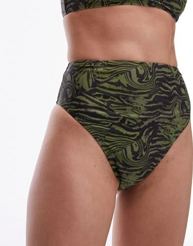 Mix and Match - Bas de bikini échancré à taille haute avec imprimé léopard abstrait - Kaki - Topshop - Modalova