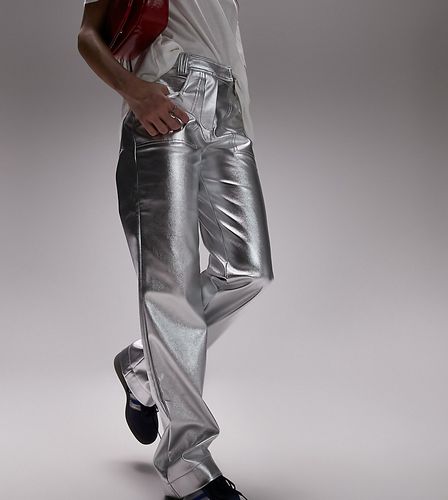 Pantalon droit en similicuir métallisé avec patte à la taille - Argenté - Topshop - Modalova