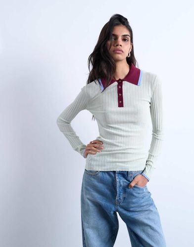 Polo transparent en maille ctele  col contrast - Menthe - Topshop - Modalova