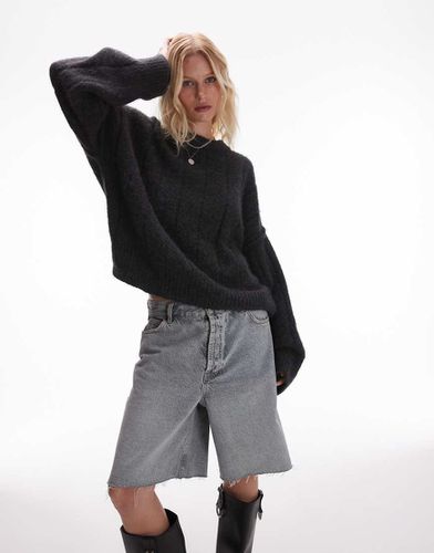 Pull oversize ras de cou en maille duveteuse côtelée - Anthracite - Topshop - Modalova