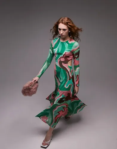 Robe mi-longue à découpe à motif tourbillon - Vert et rose - Topshop - Modalova