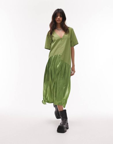 Robe mi-longue à enfiler zippée sur le devant en popeline et satin - Kaki - Topshop - Modalova