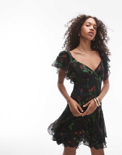 Robe courte à manches évasées et imprimé roses - Topshop - Modalova