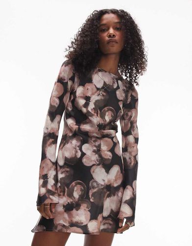 Robe rétro courte coupée en biais à manches évasées et imprimé fleuri - Topshop - Modalova