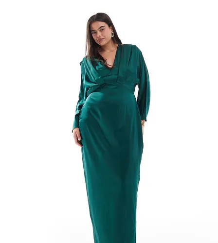 Robe longue satinée avec haut style kimono - émeraude - Tfnc Plus - Modalova