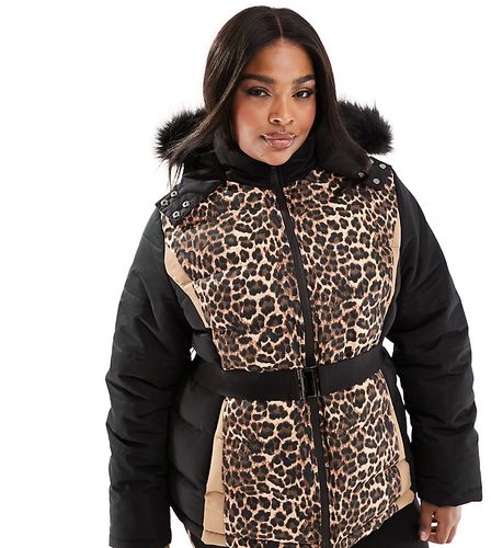 Plus - Manteau de ski ceinturé à imprimé léopard avec capuche bordée de fausse fourrure - Threadbare - Modalova