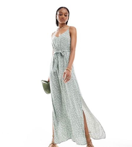 Robe longue à fleurs avec col V et liens noués à la taille - sauge - Vero Moda Tall - Modalova