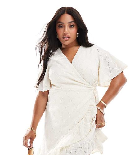 Robe portefeuille courte en jersey et broderie anglaise - Crème - Vila Curve - Modalova