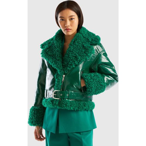 Benetton, Blouson Biker En Tissu Enduit Et Fourrure Synthétique, taille S, Vert - United Colors of Benetton - Modalova