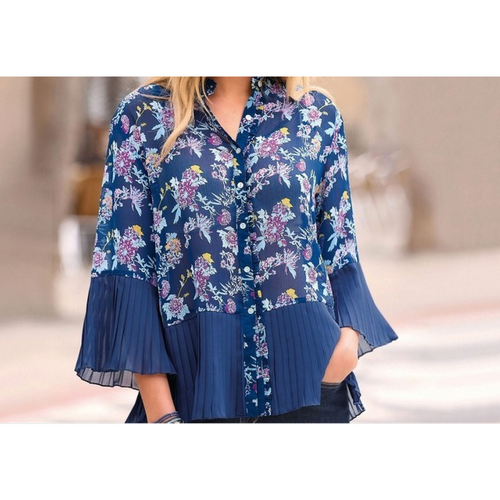 Chemise imprimée col mao manches 3/4 et bas plissés - Imprimé Indigo - 3 SUISSES - Modalova