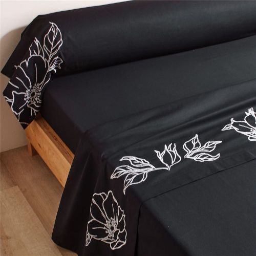 Drap plat en percale de coton noir à fleurs brodées - SUZON - Becquet - Modalova