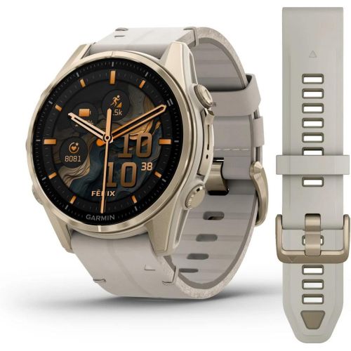 Montre Connectée - 010-02903-40 F?nix 8 Amoled - 43Mm - Sapphire, Soft Gold Avec Bracelet Cuir Beige Crème + Bracelet Silicone Cendré - Garmin - Modalova
