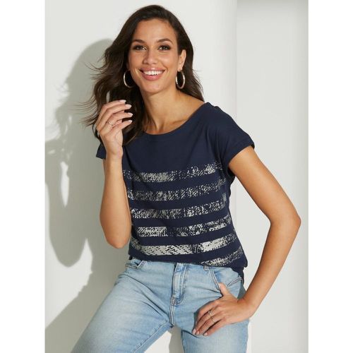 T-shirt manches courtes imprimé métallisé rayé en coton - Venca - Modalova