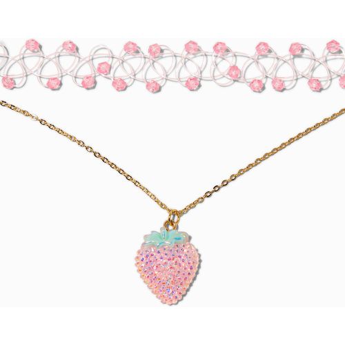 Ras-de-cou pendentif strass fraise et ras-de-cou effet tatouage perlé strass - Lot de 2 - Claire's - Modalova