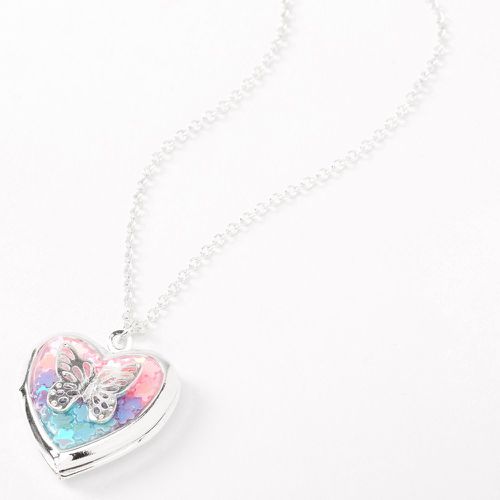 Collier à pendentif avec médaillon cœur et papillon -- couleur argentée - Claire's - Modalova