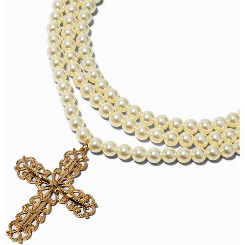 Collier multi-rangs en perles d'imitation avec pendentif croix décoré couleur - Claire's - Modalova