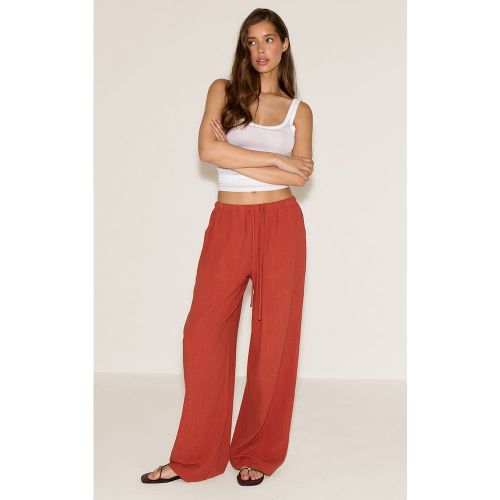 Pantalon droit en effet lin mélangé à cordons ajustables noués - PrettyLittleThing - Modalova