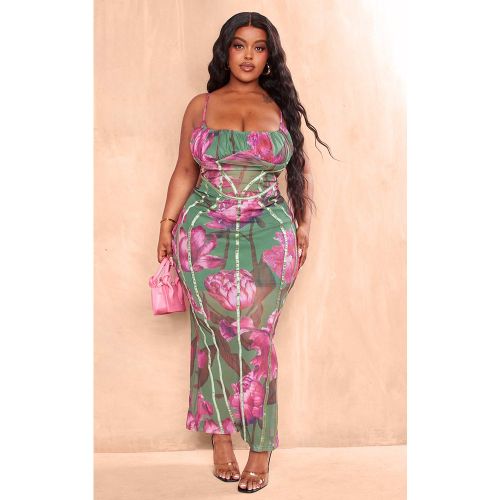 Plus Robe mi-longue en mesh imprimé fleuri à détail coutures - PrettyLittleThing - Modalova