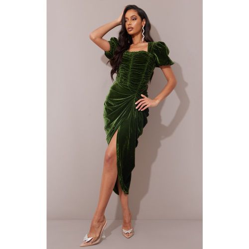 Robe mi-longue en velours à corset froncé et manches bouffantes - PrettyLittleThing - Modalova