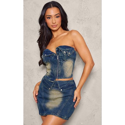 Petite Corset en jean indigo délavé vintage replié à zip - PrettyLittleThing - Modalova
