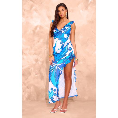 Robe asymétrique fendue longue imprimé bleu à volants - PrettyLittleThing - Modalova