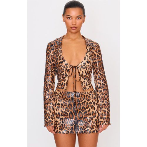 Chemise imprimé léopard nouée devant à sequins et manches longues | Taille 38 - PrettyLittleThing - Modalova