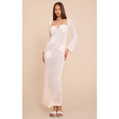 Robe Mi-Longue Crochet avec Applique Fleur Écru à Manches Longues - PrettyLittleThing - Modalova