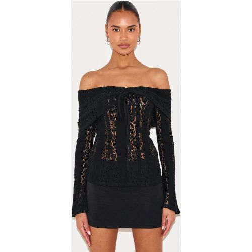 Top ajusté en dentelle à col bardot et manches évasées - PrettyLittleThing - Modalova
