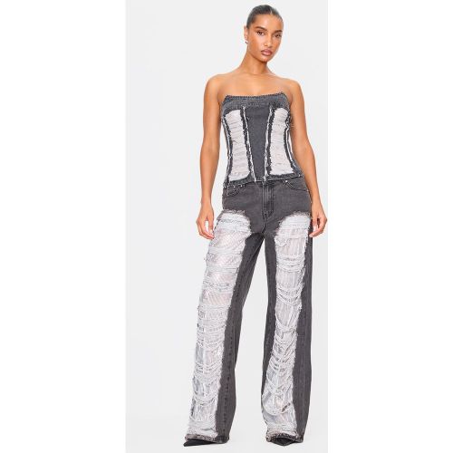 Jean droit délavé noir très éffiloché à parties contrastantes et sequins | Taille 38 - PrettyLittleThing - Modalova