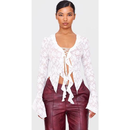 Blouse en dentelle blanche volantée à nouer devant - PrettyLittleThing - Modalova