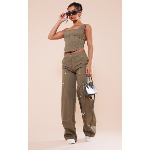 Pantalon cargo droit en maille sergée à coutures contrastantes - PrettyLittleThing - Modalova