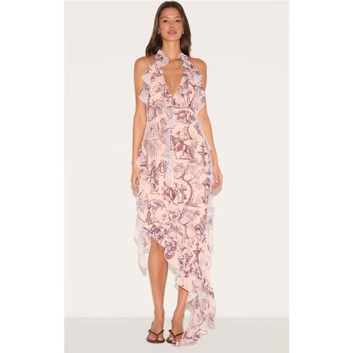 Robe longue en mousseline de soie imprimé volantée à décolleté plongeant - PrettyLittleThing - Modalova