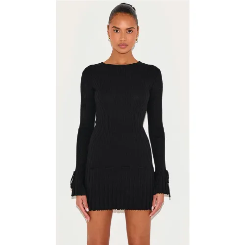 Mini robe en maille tricot côtelée plissée à manches longues et détail noué - PrettyLittleThing - Modalova