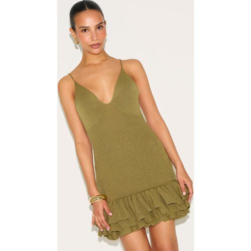 Petite Mini robe en maille tricot à bretelles fines et ourlet volanté | Taille Large - PrettyLittleThing - Modalova