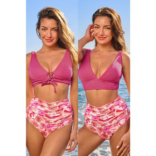 Bikini avec col plongeant et bas fleuri taille haute rose - CUPSHE - Modalova