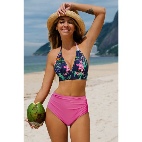 Bikini à fleurs tropicales et bas taille haute ruché rose - CUPSHE - Modalova