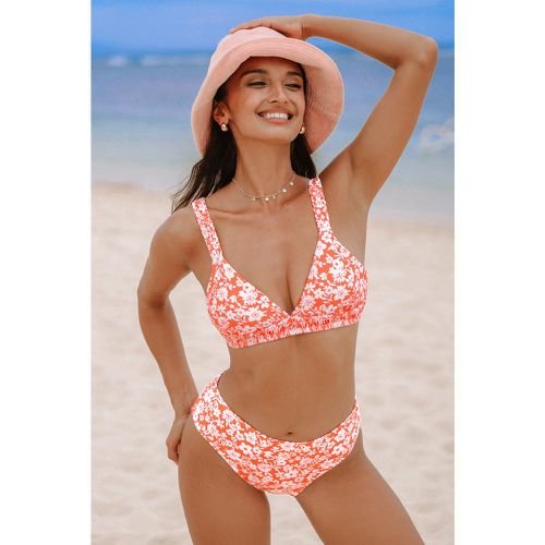 Bikini taille moyenne fleuri avec dos à lacer et bas effronté corail - CUPSHE - Modalova