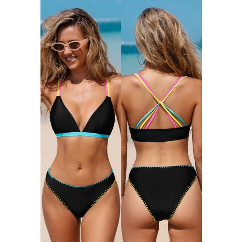 Bikini contrasté à col en diamant et bas à taille basse - CUPSHE - Modalova