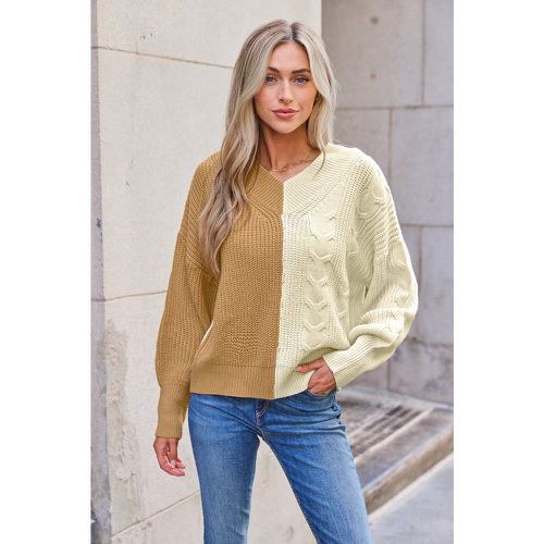 Pull en tricot torsadé avec bloc de couleur et manches bouffantes - CUPSHE - Modalova