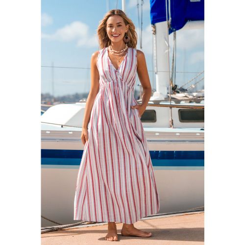 Robe longue à rayures avec col en V et taille élastique - CUPSHE - Modalova