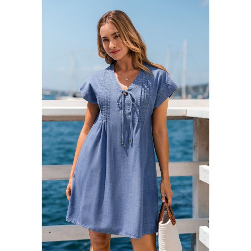 Robe courte en denim manches courtes évasées - CUPSHE - Modalova