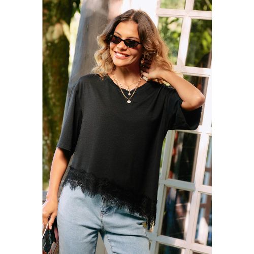 T-shirt à col rond et bordure en dentelle - CUPSHE - Modalova