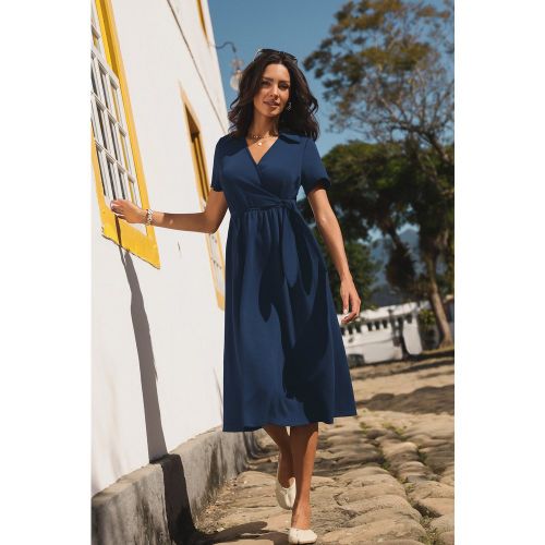 Robe midi bleue à col surplis et manches courtes - CUPSHE - Modalova