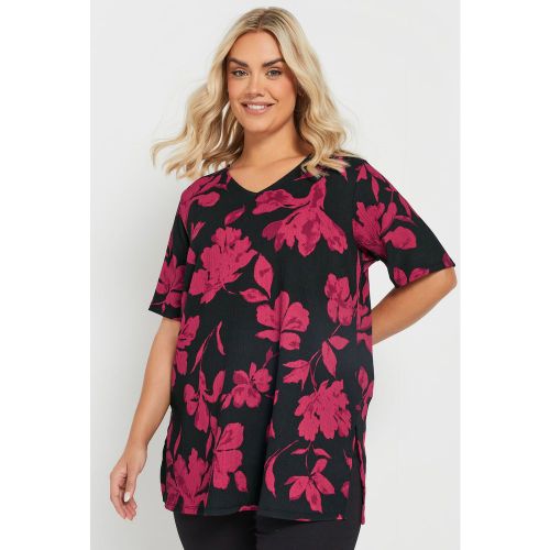 Top Rouge & Noir Floral Texturé Manches Courtes Size 48 - Yours - Modalova