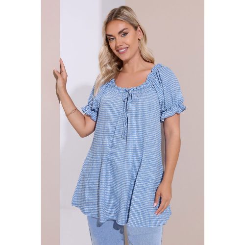 Top Bleu & Blanc À Carreaux Texturé Manches Courtes Size 48 - Yours - Modalova