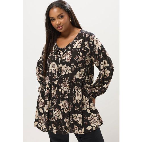 Blouse Noire À Col Noué Et Imprimé Roses Size 46 - Yours - Modalova